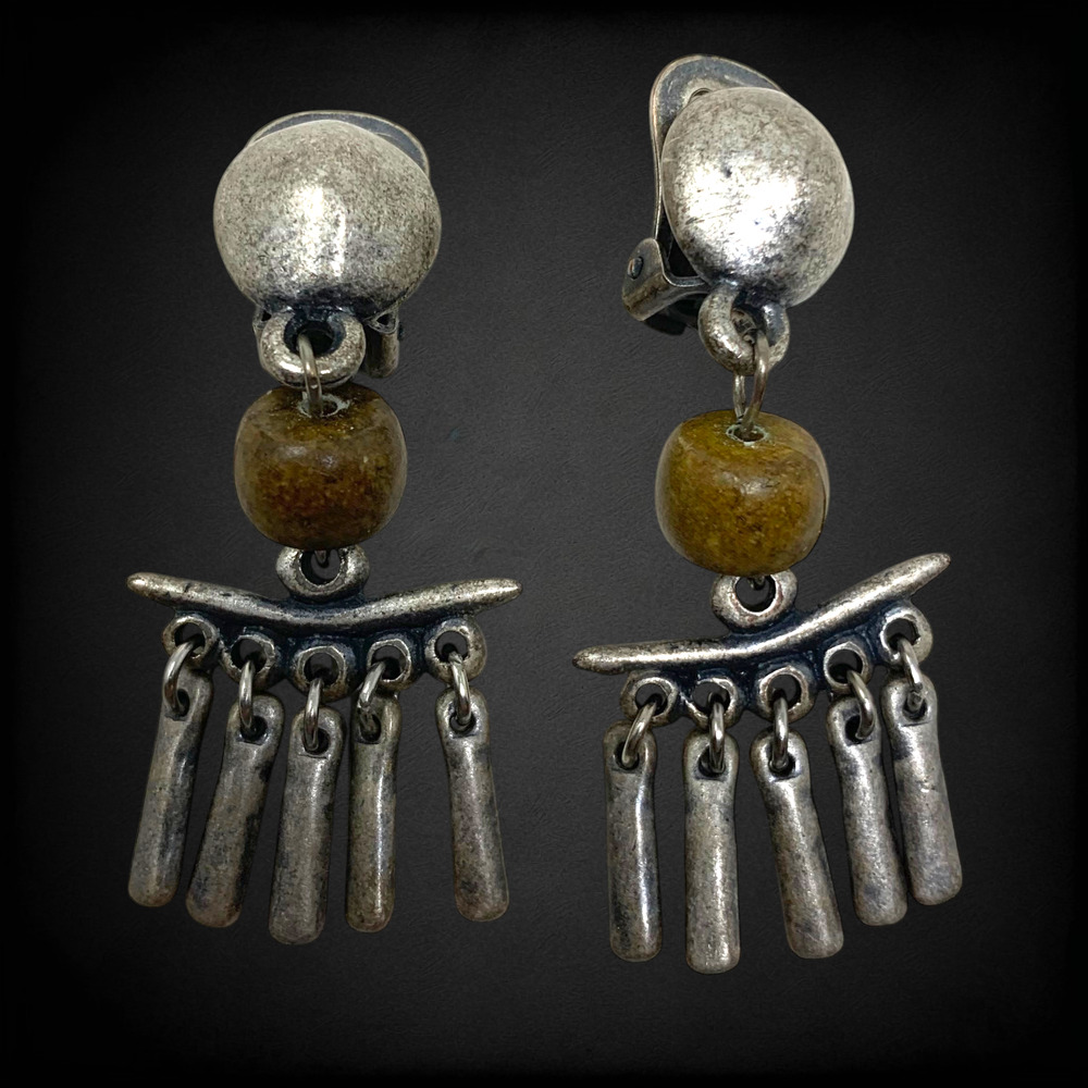 Vintage 90's Boho Tribal Silver Tone Wood Bead Fringe Dangle Clip On Earrings 2"